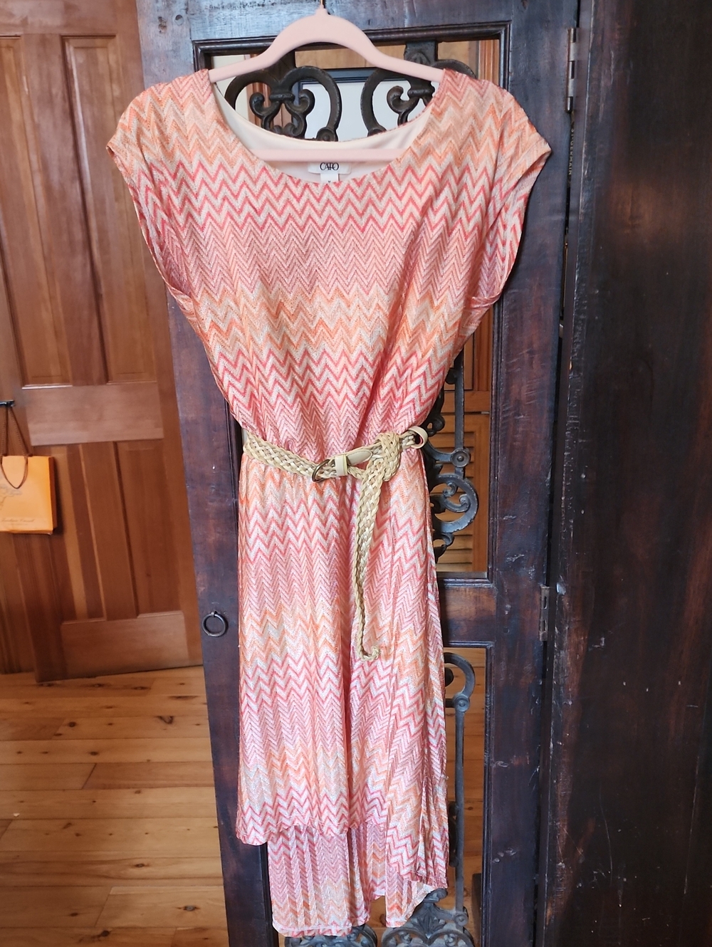 Cato Coral and Gold Chevron Maxi Dress with Braided Belt
